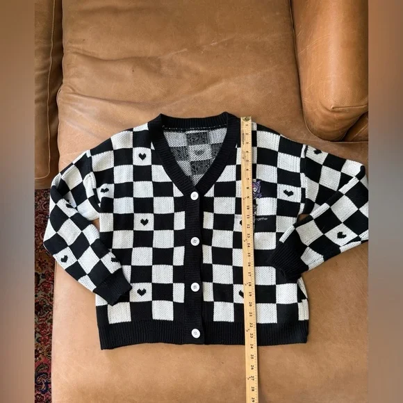 Kuromi Check Pattern Cardigan Women's L Black White Embroidered Anime Boxy Fit - Picture 3 of 5